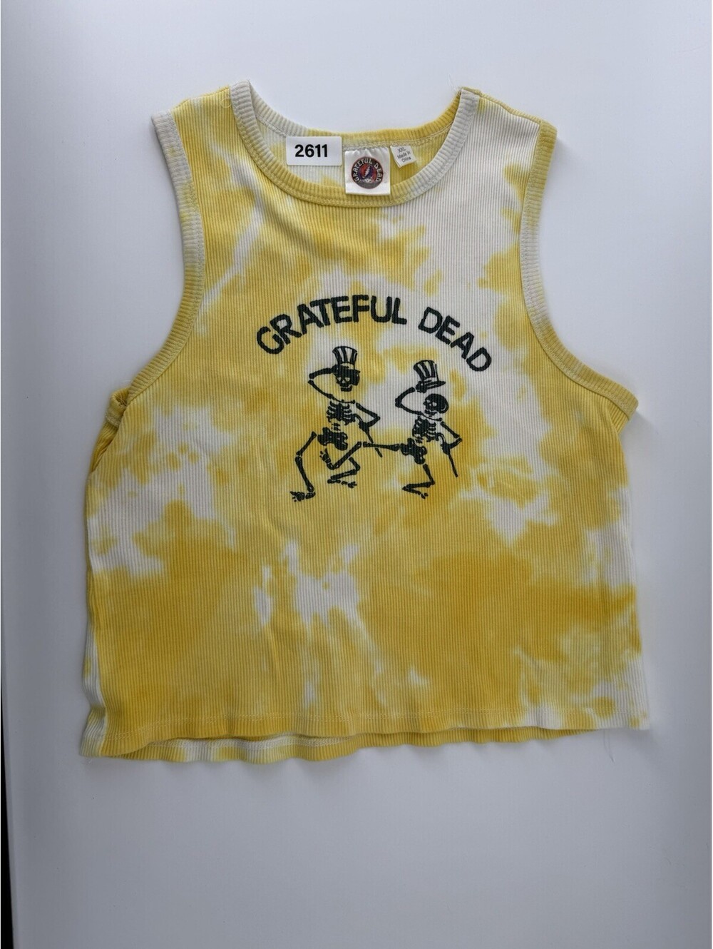 Grateful Dead Tank Top Shirt Womens XXL Yellow Ribbed Rock Band Skeleton Crop